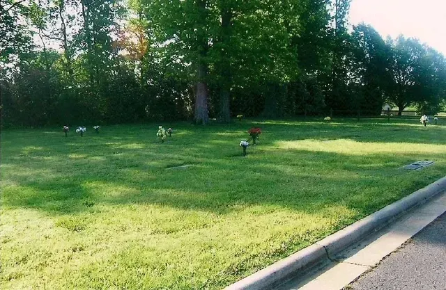 Grassy park lawn with small white markers, trees in the background, and a curb along the right side.