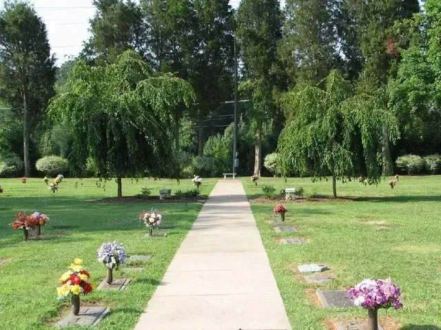 Tree-lined cemetery path with colorful flower arrangements on graves on both sides