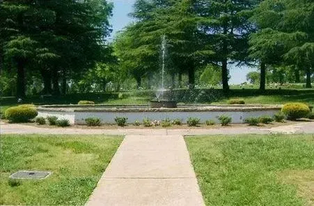 Park walkway leading to a circular fountain, surrounded by green trees and trimmed grass.