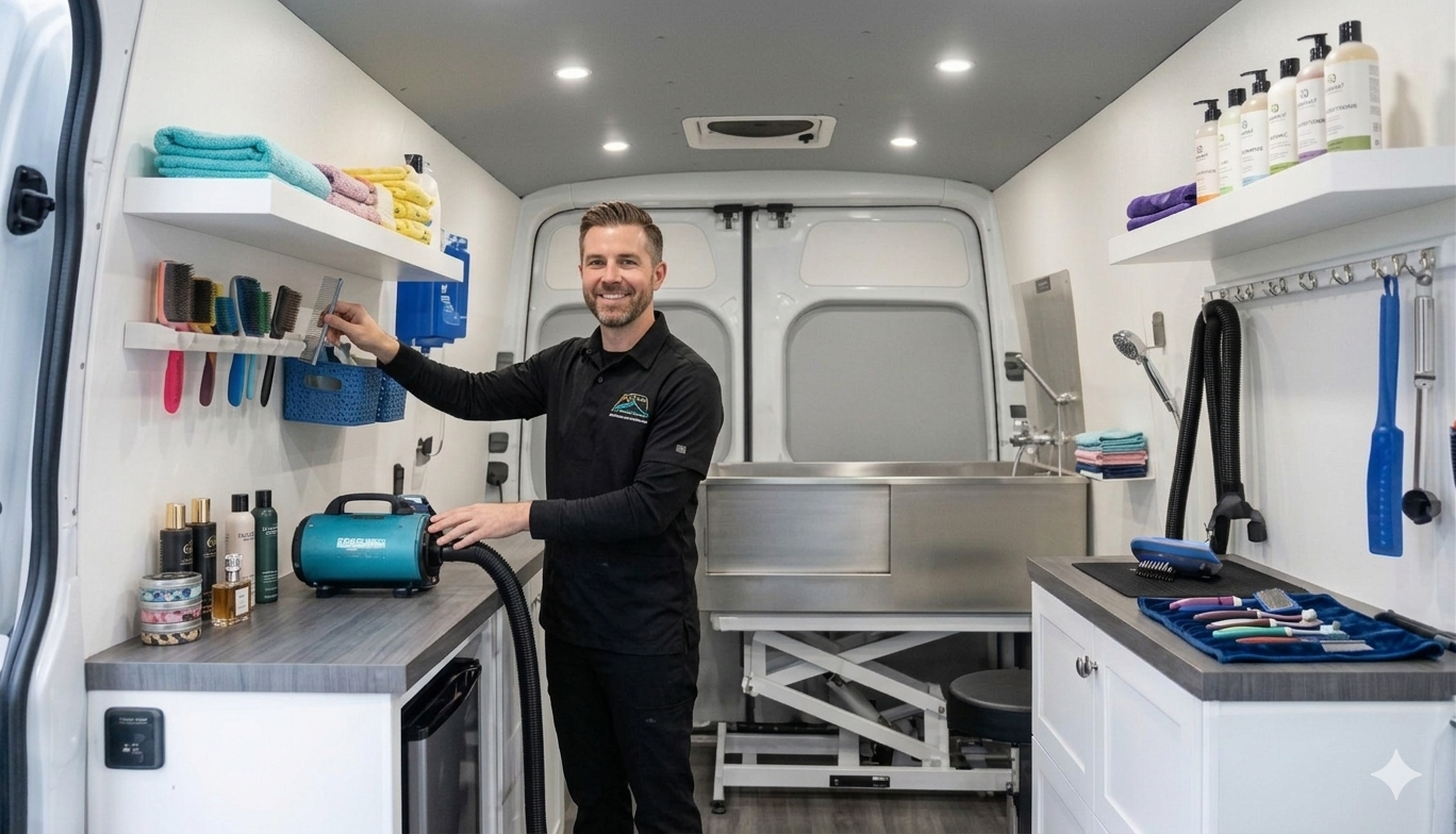 Interior of a modern, fully-equipped mobile pet grooming van