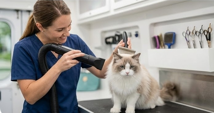 Professional groomer brushing a fluffy cat in a mobile van