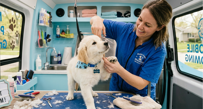 Groomer gently drying a puppy during its first grooming visit