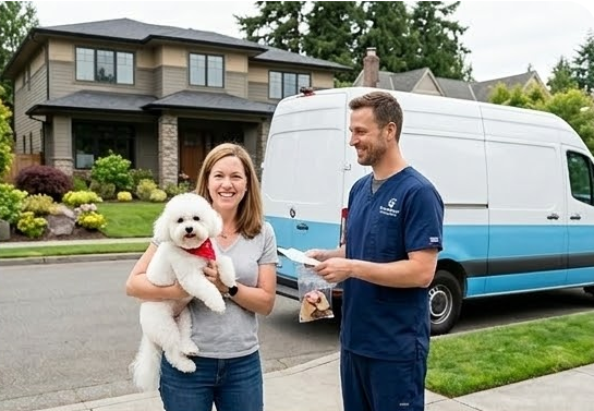Happy client receiving her groomed dog from a mobile groomer