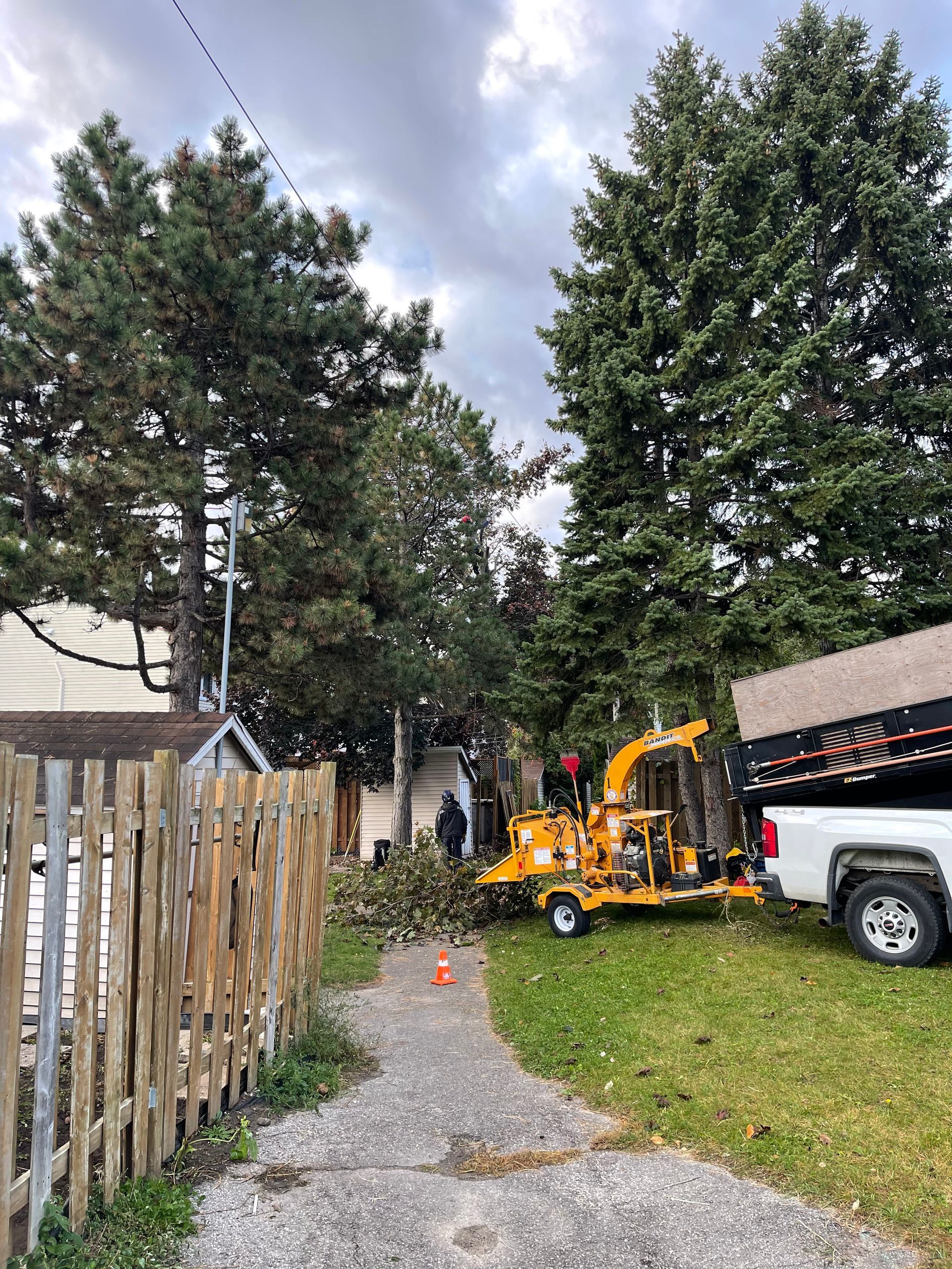 Un broyeur d'arbres est garé devant une maison à côté d'une clôture en bois.