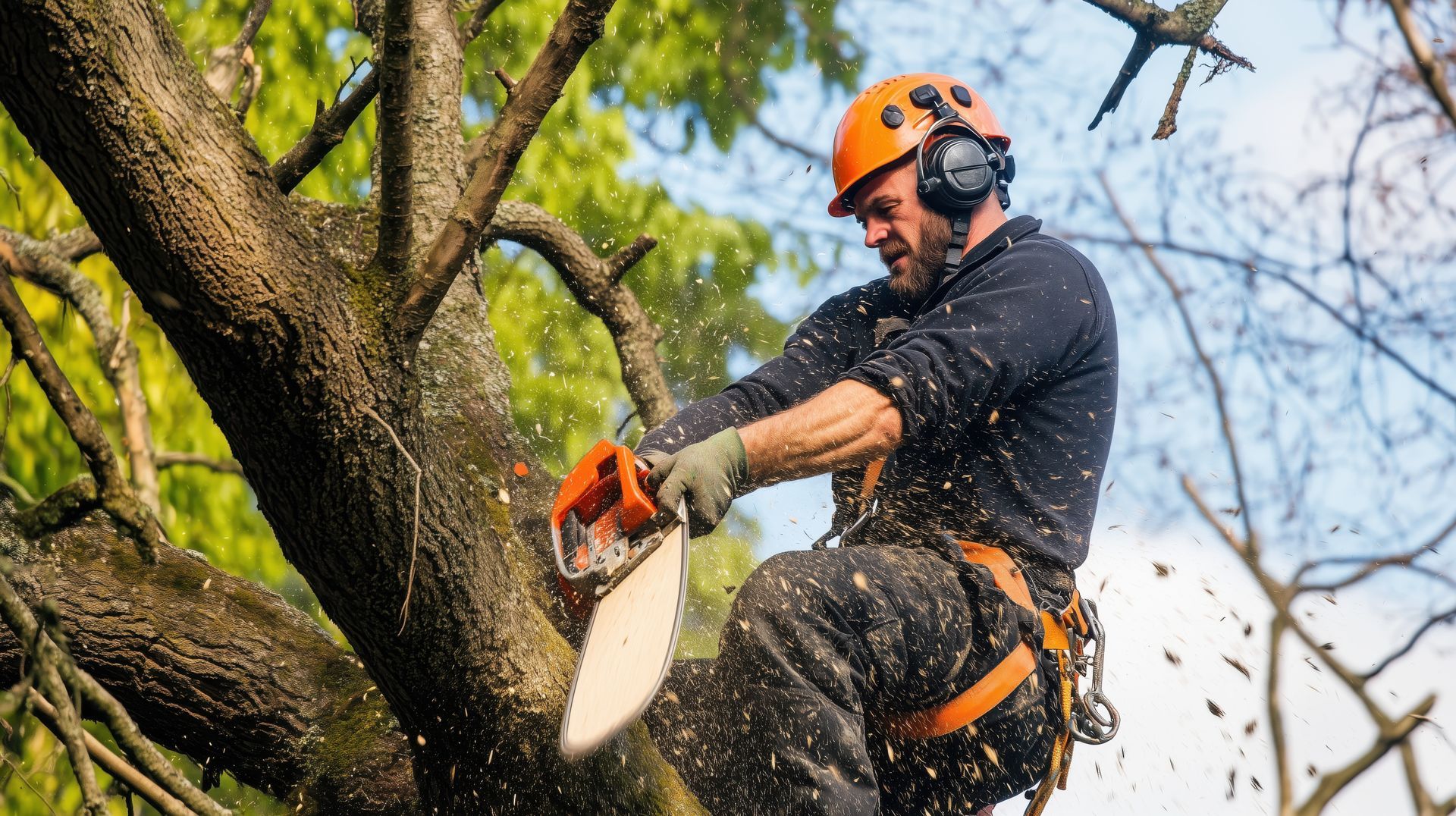 Un arboriste, portant un équipement de sécurité, utilise une tronçonneuse pour couper une branche d'arbre.