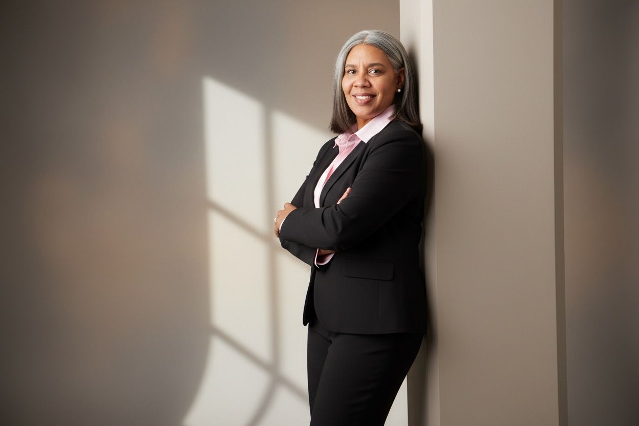 Professional in a black suit leaning against a wall, smiling in a softly lit office hallway