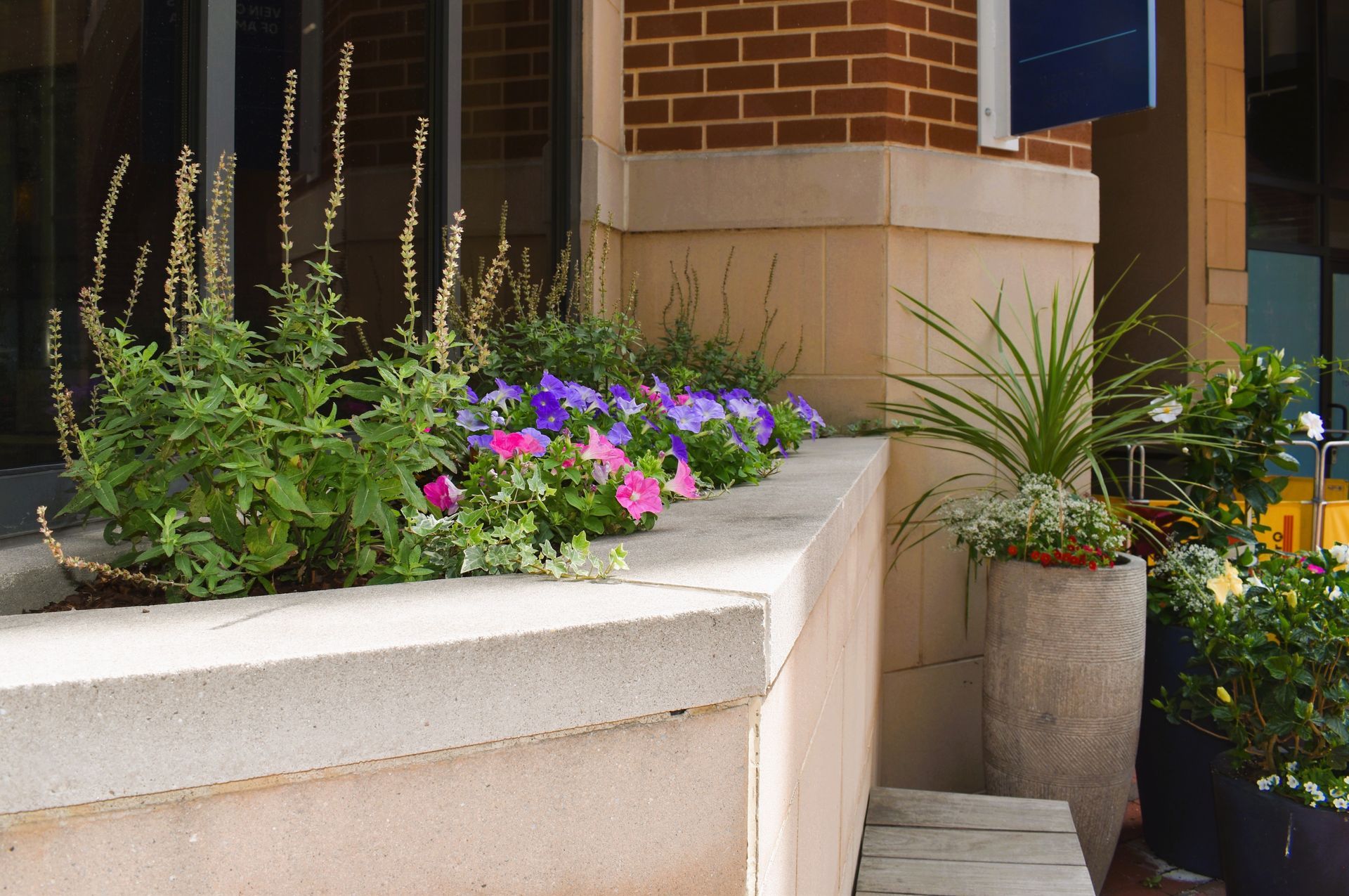 Retail Building Commercial Grade raised flower bed with various plants.