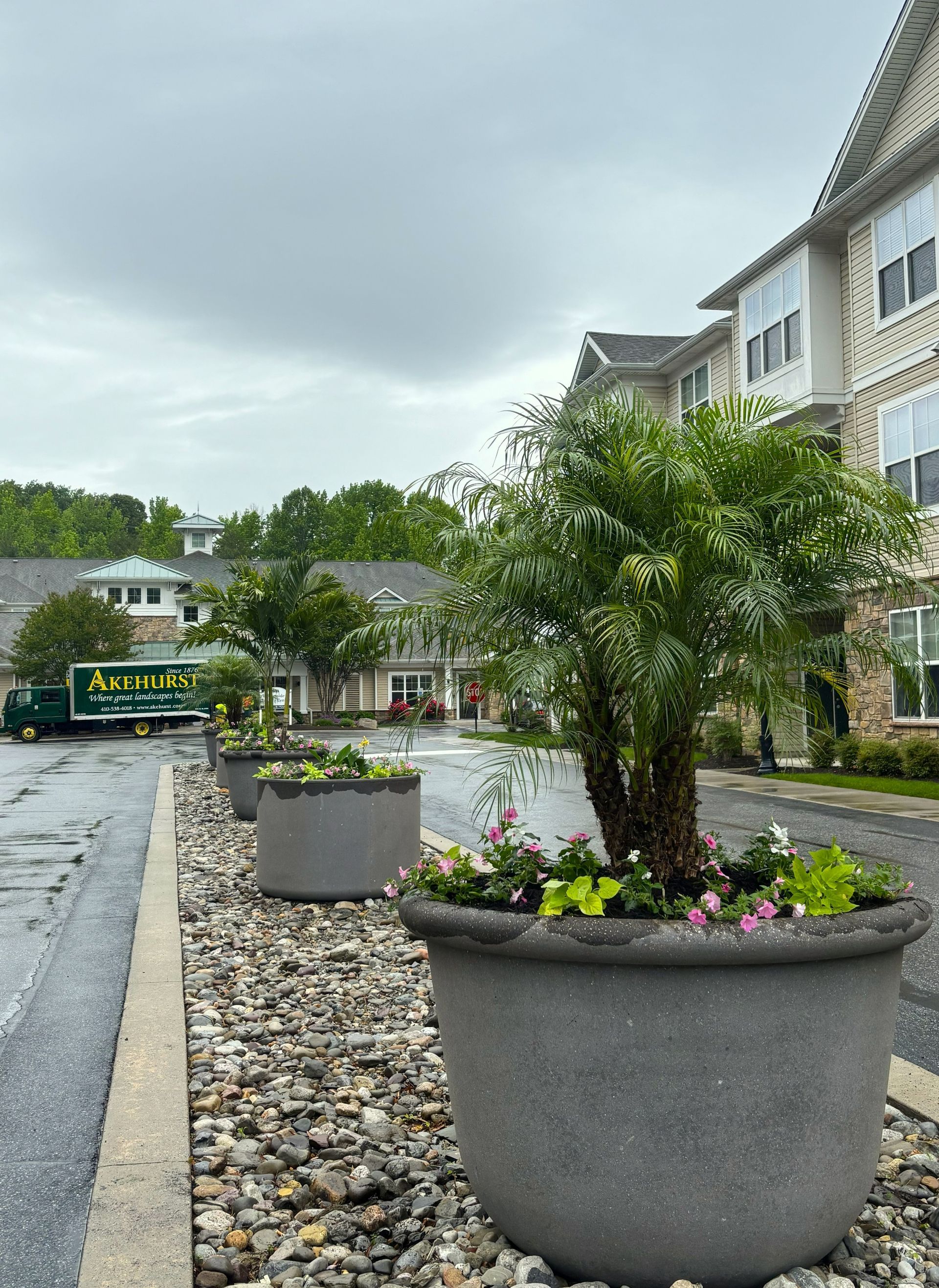 large concrete commercial grade planters with vibrant plant material line an island median within an apartment complex. 