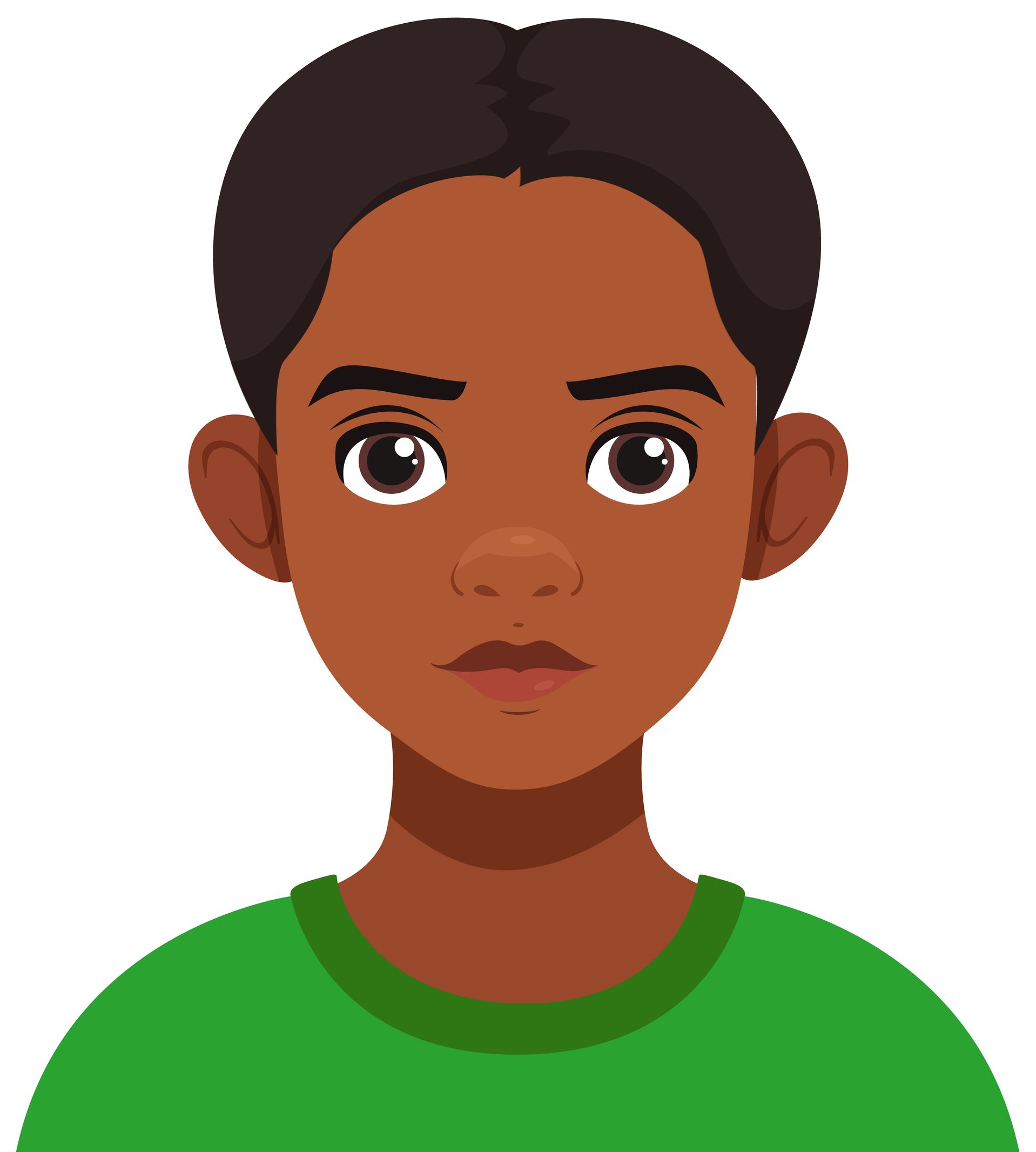 Personnage de dessin animé à la peau foncée et vêtu d'une chemise verte, regardant droit devant lui avec une expression neutre.