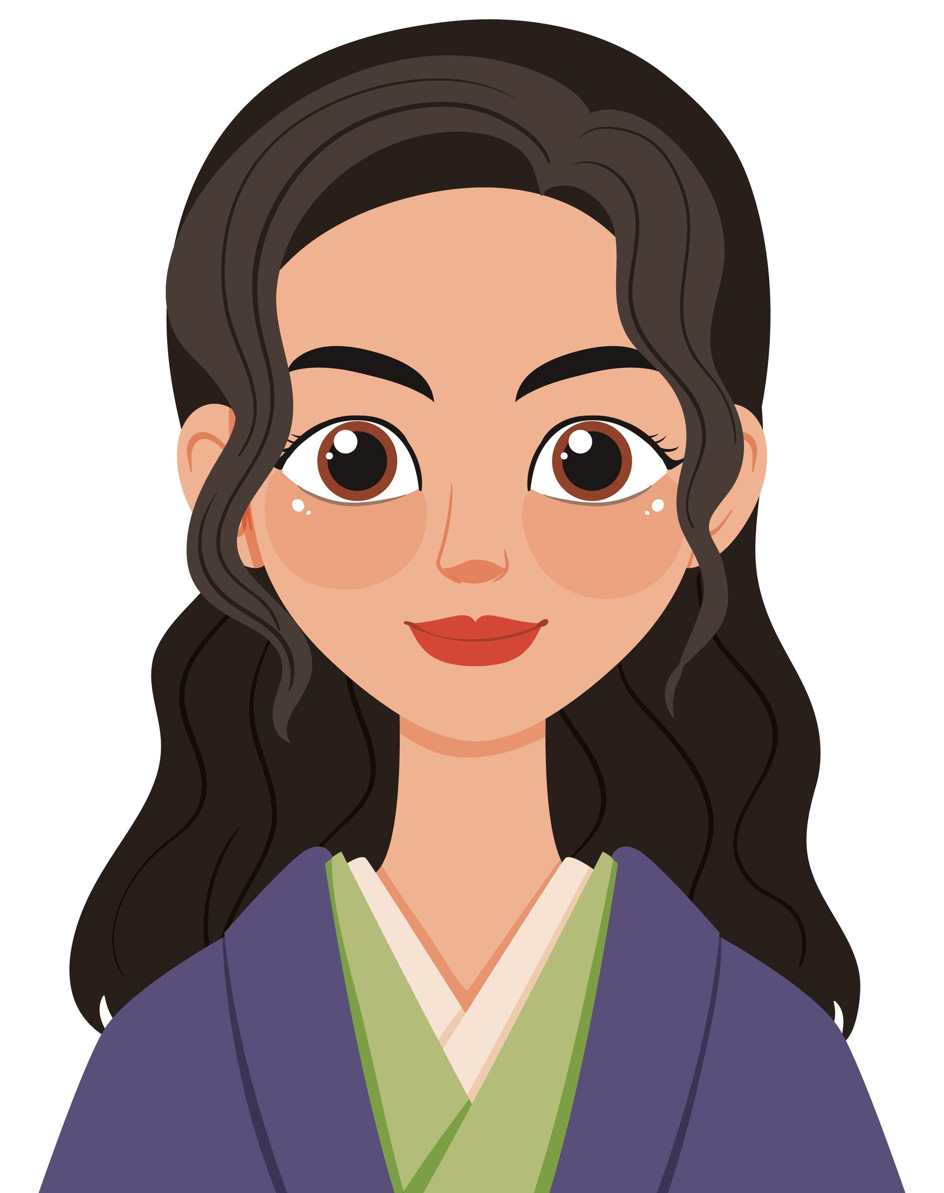 Femme de dessin animé aux cheveux bruns ondulés, vêtue d'une tenue violette et verte, souriante.