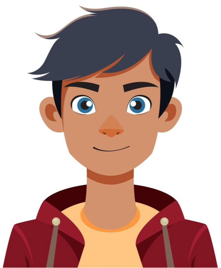 Personne souriante aux cheveux foncés et aux yeux bleus, portant une veste rouge sur une chemise orange.