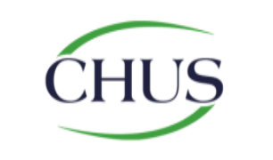 Logo CHUS : Lettres bleu foncé à l’intérieur d’une ligne courbe verte.