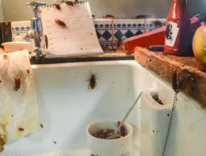 Des cafards infestent un évier de cuisine sale, jonché de restes de nourriture et de détritus.