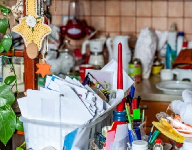 Le comptoir de la cuisine est en désordre, jonché de papiers, de stylos et d'appareils électroménagers.