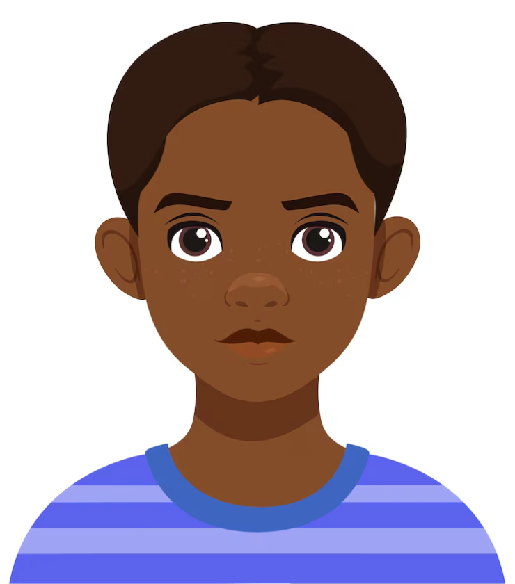 Une personne à la peau foncée, portant une chemise à rayures bleues, regarde droit devant elle avec une expression sérieuse.