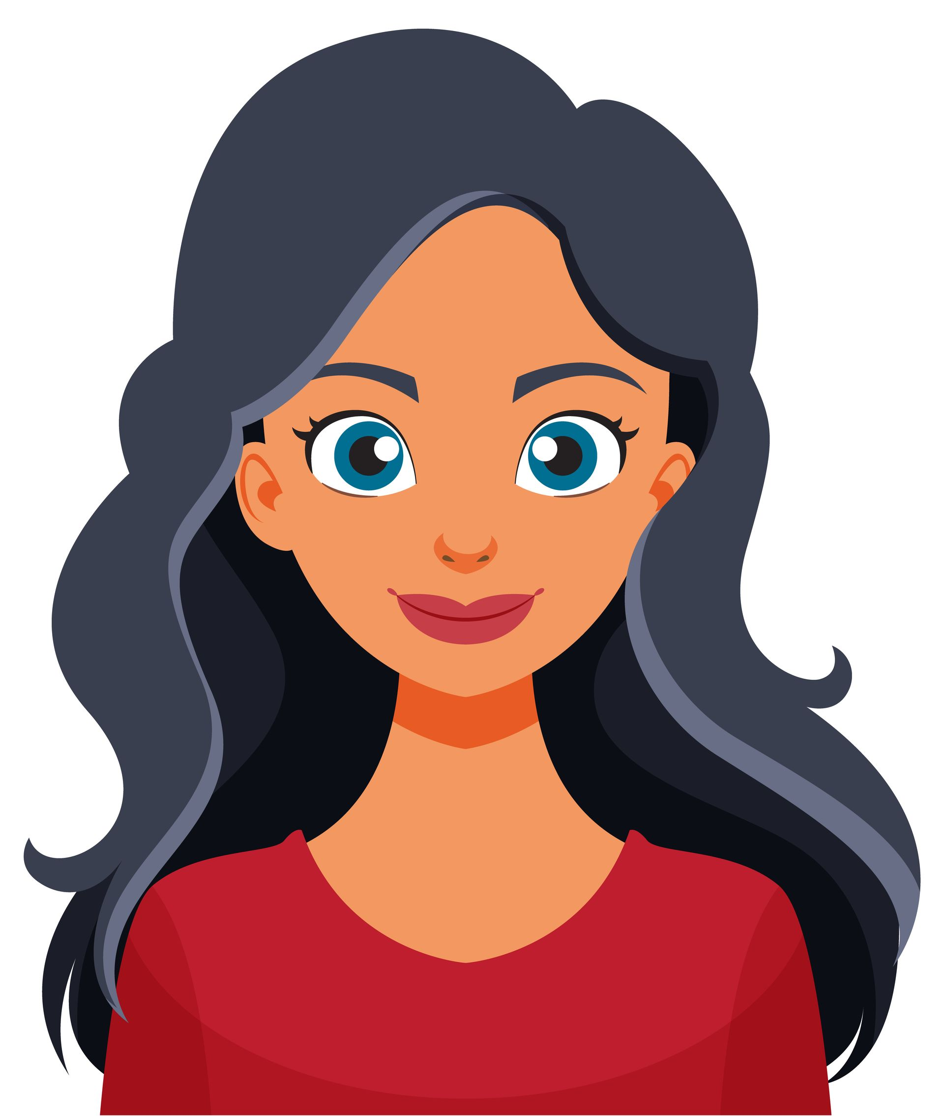 Femme aux cheveux bruns ondulés et aux yeux bleus, portant une chemise rouge.