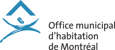 Logo de l'Office municipal d'habitation de Montréal avec une icône de maison bleue au-dessus d'une personne.