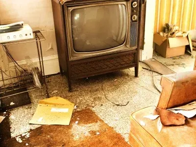 Un vieux téléviseur dans une pièce délabrée, avec des débris au sol et des meubles abîmés.