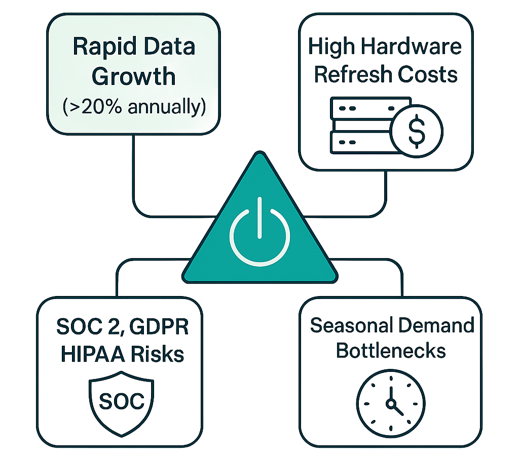 Diagram showing IT challenges: data growth, hardware costs, compliance risks, and seasonal bottlenecks, centered on a power button.
