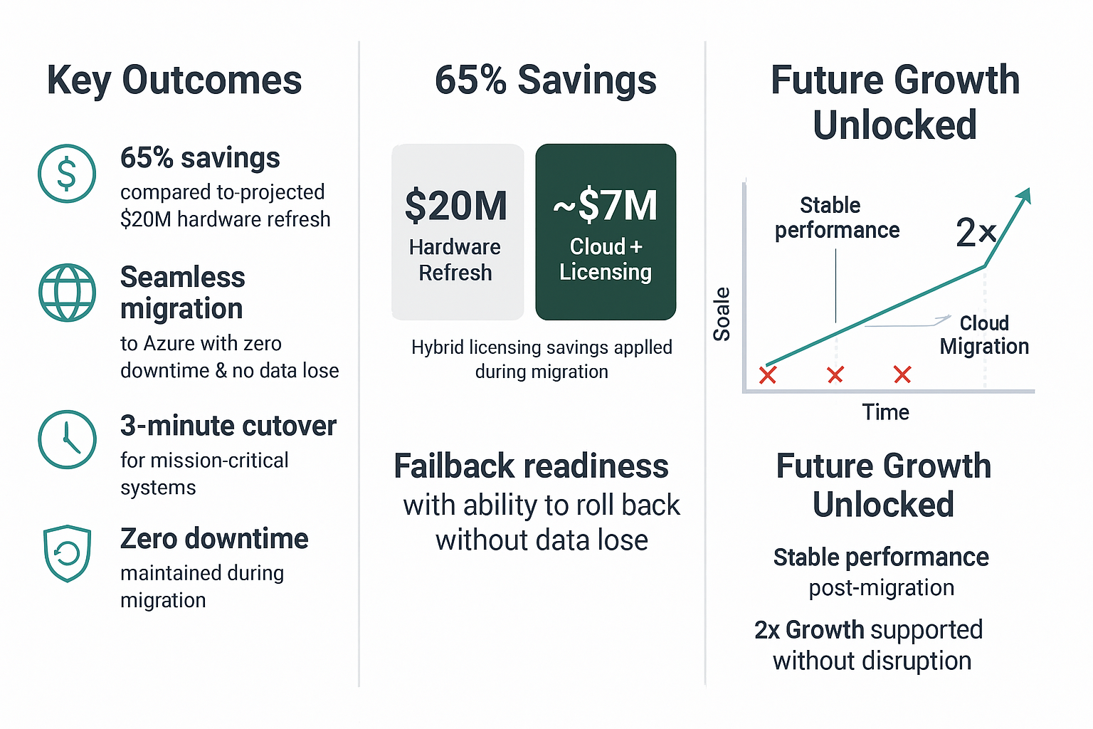 Infographic: Key outcomes of a cloud migration, highlighting 65% savings, seamless migration, and future growth.