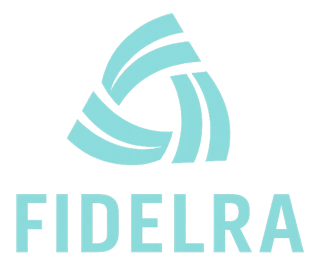 Light blue logo of linked curved shapes forming a triangle over