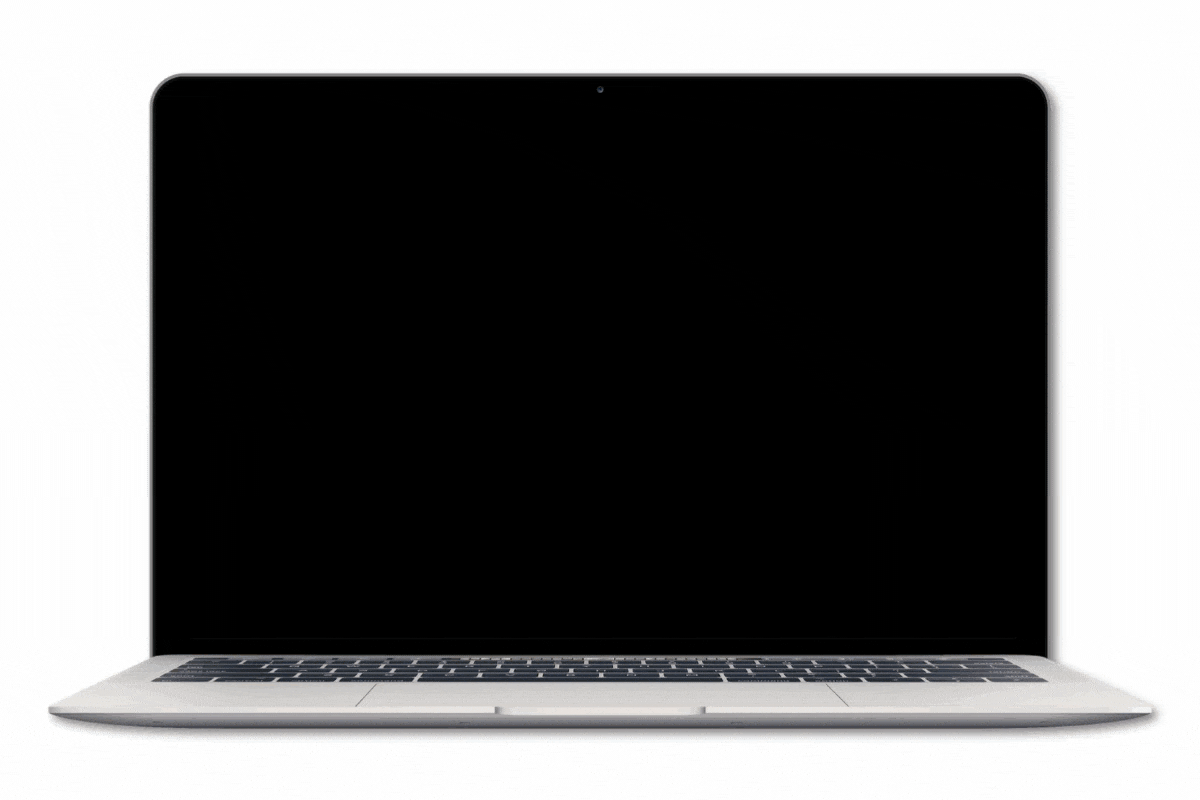 Silver laptop with black screen, against white background.