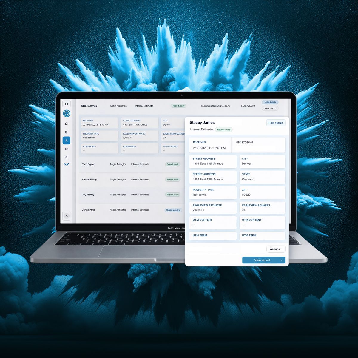 Laptop with software interface, surrounded by a blue explosion. Interface shows data table and detailed record.