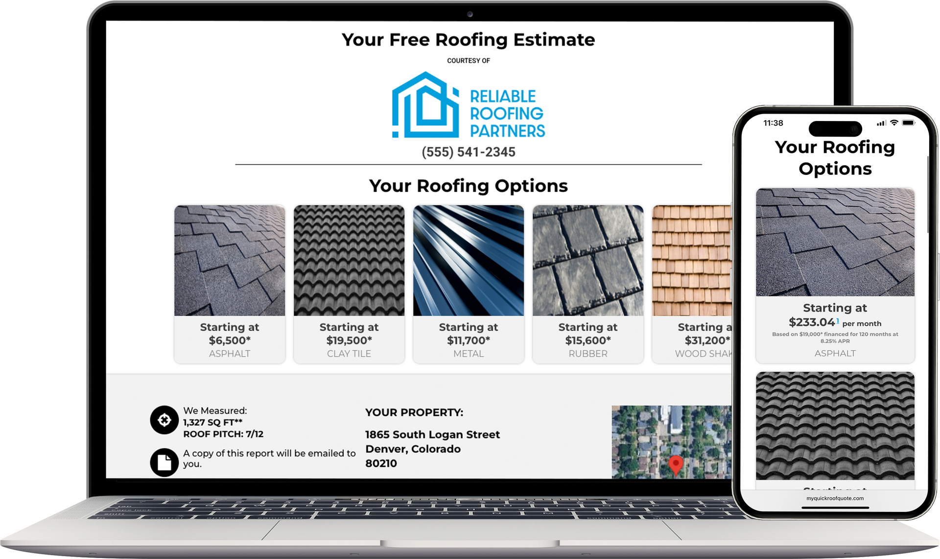 Laptop and smartphone displaying roofing options from Square Roofing Partners.