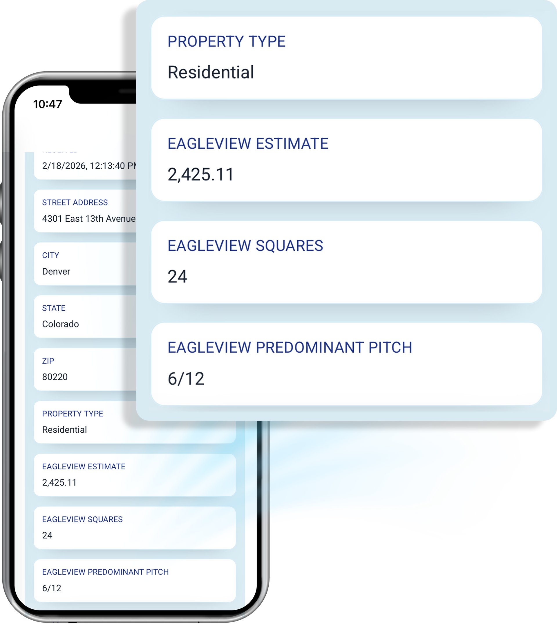 A smartphone screen displays an app interface showing residential property estimate details, including squares and pitch.