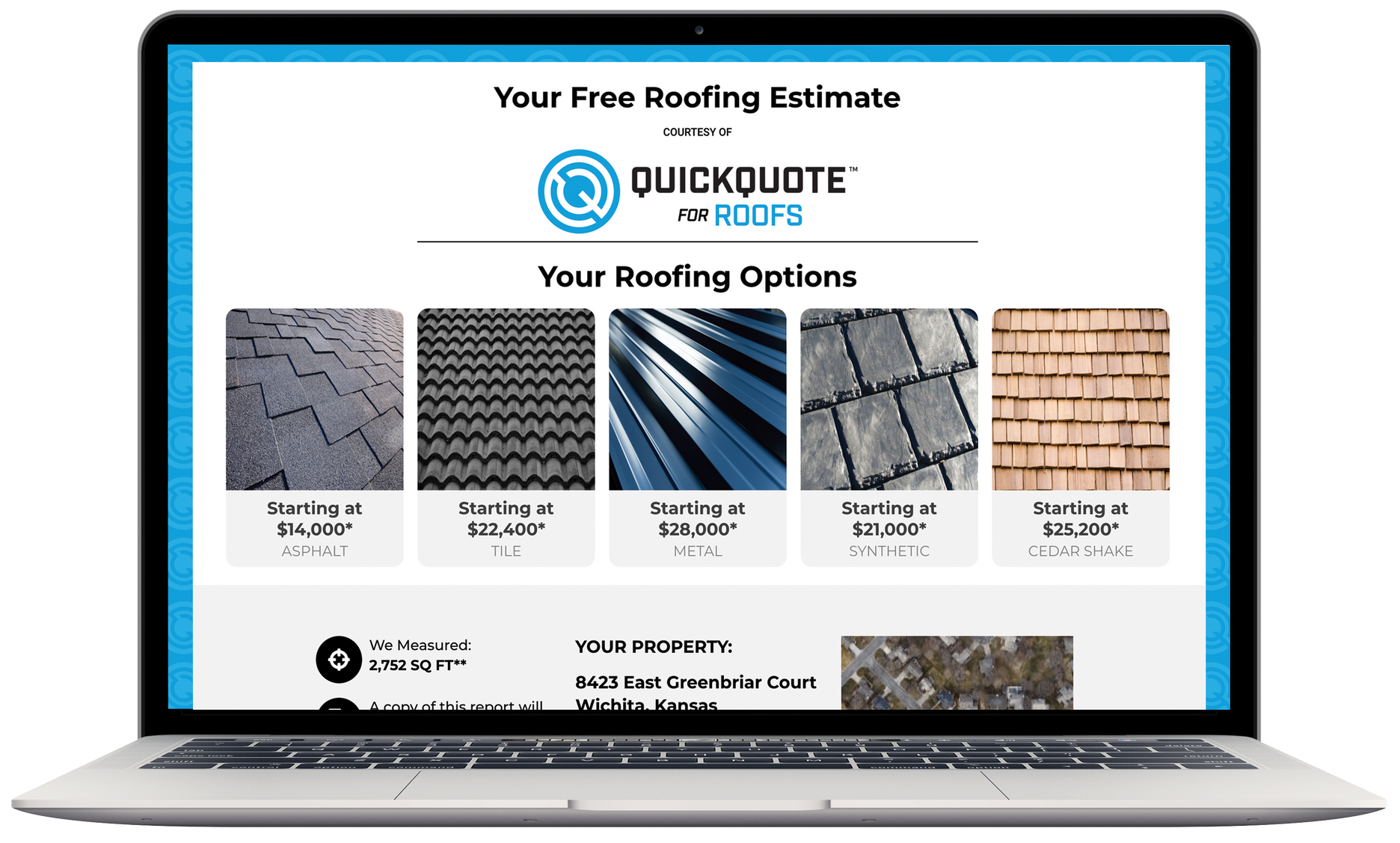 QuickQuote free roofing estimate tool interface.