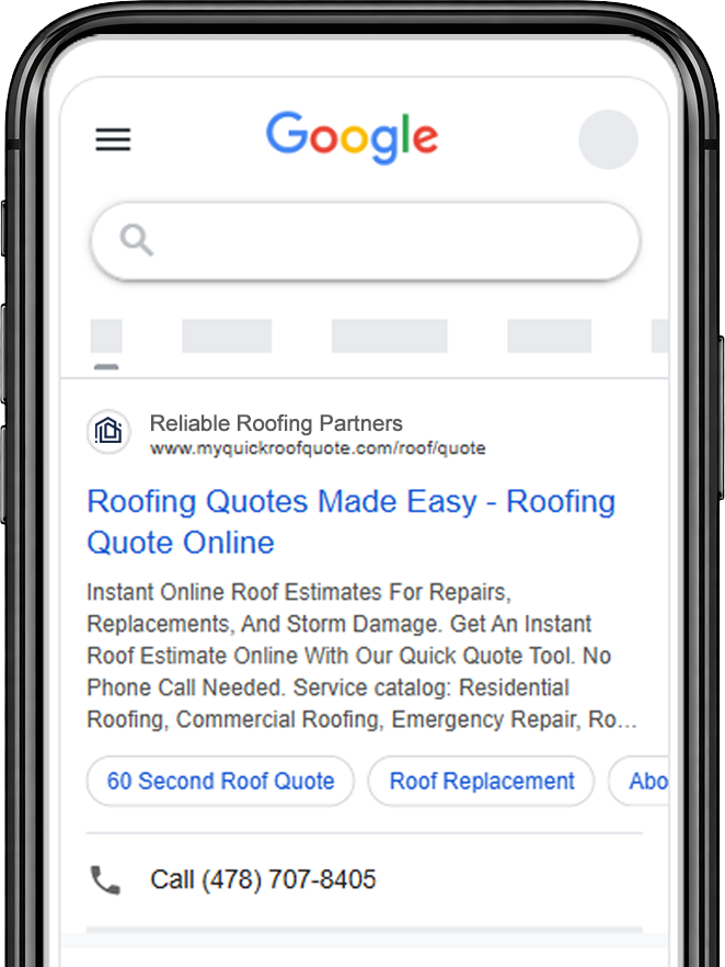 Smartphone screen with a Google search for roofing quotes; ad for