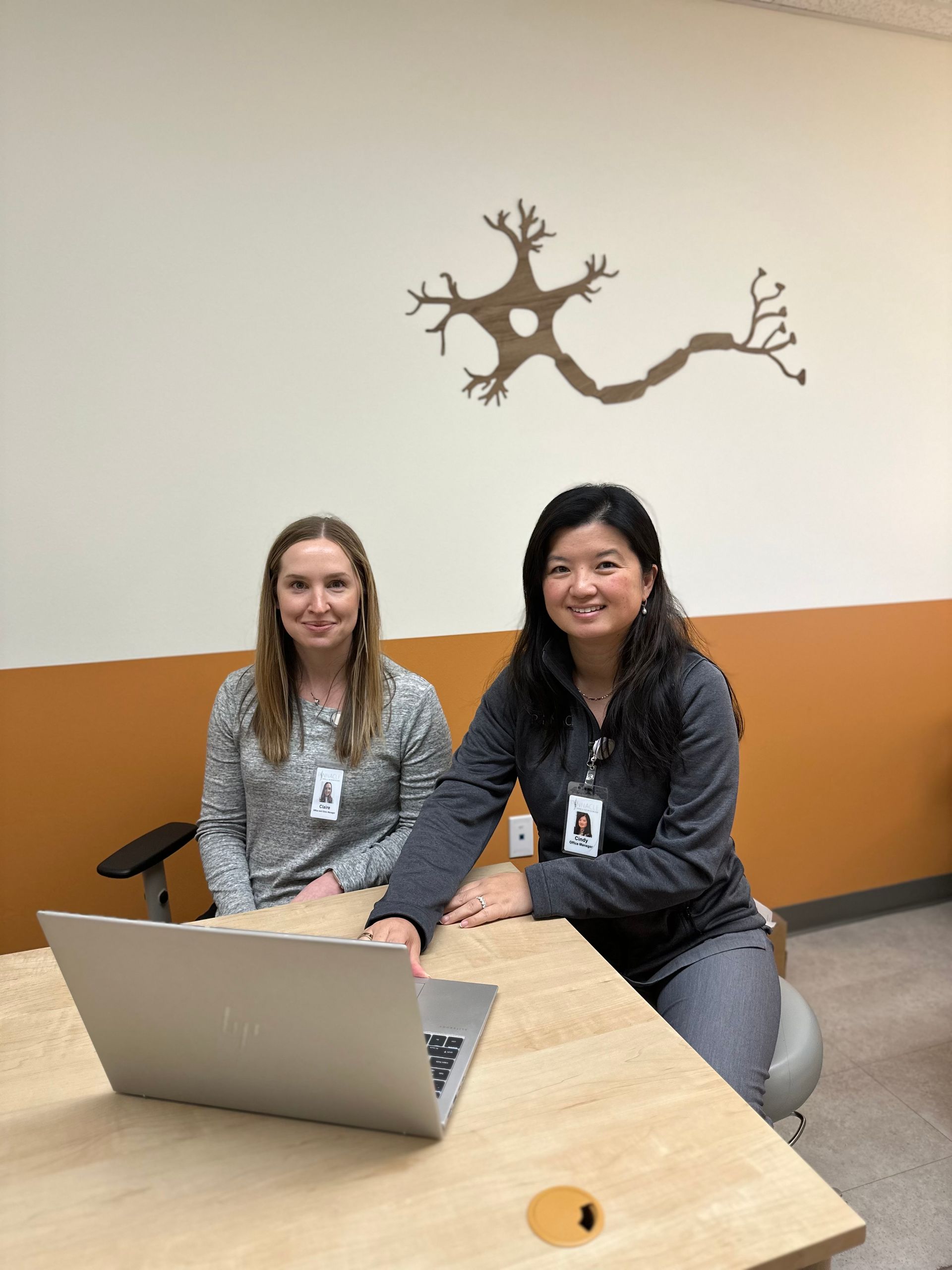 Two coworkers seated at a laptop in a meeting room with orange and beige walls and a tree decal.