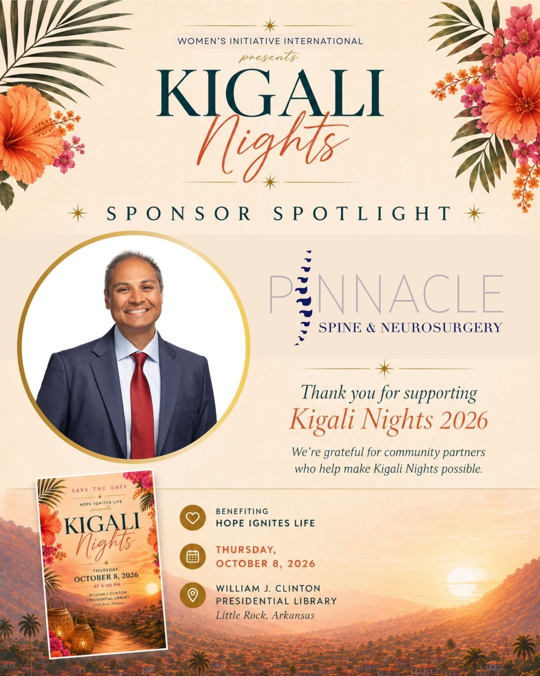 Kigali Nights event poster with sponsor spotlight, speaker headshot, and warm sunset-themed design