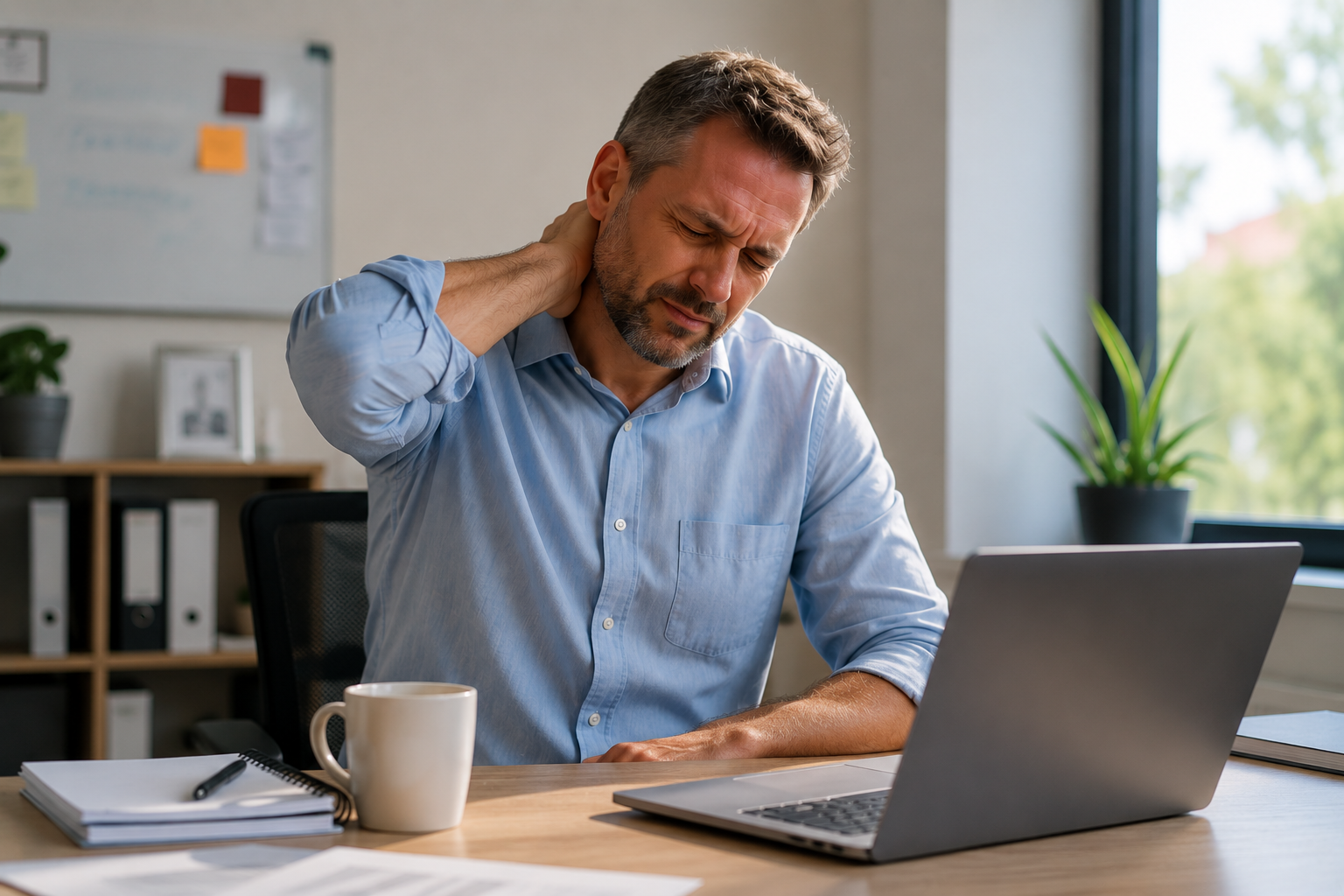 Man sitting at desk, rubbing his neck while working on a laptop in an office setting.