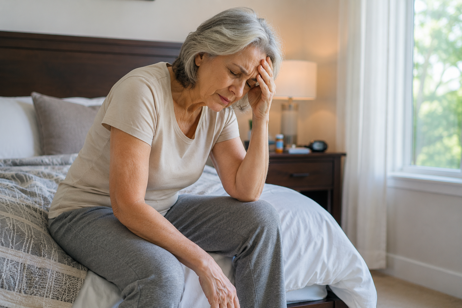 Person sitting on a bed, hunched over and holding their head in a bright bedroom.