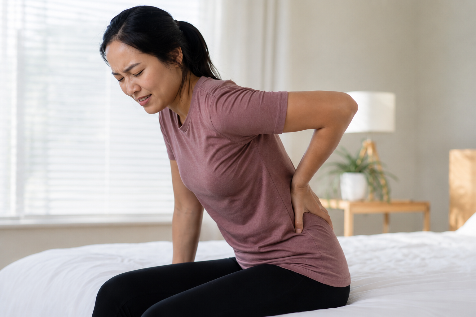 Woman in a mauve shirt sitting on a bed, holding her lower back in discomfort