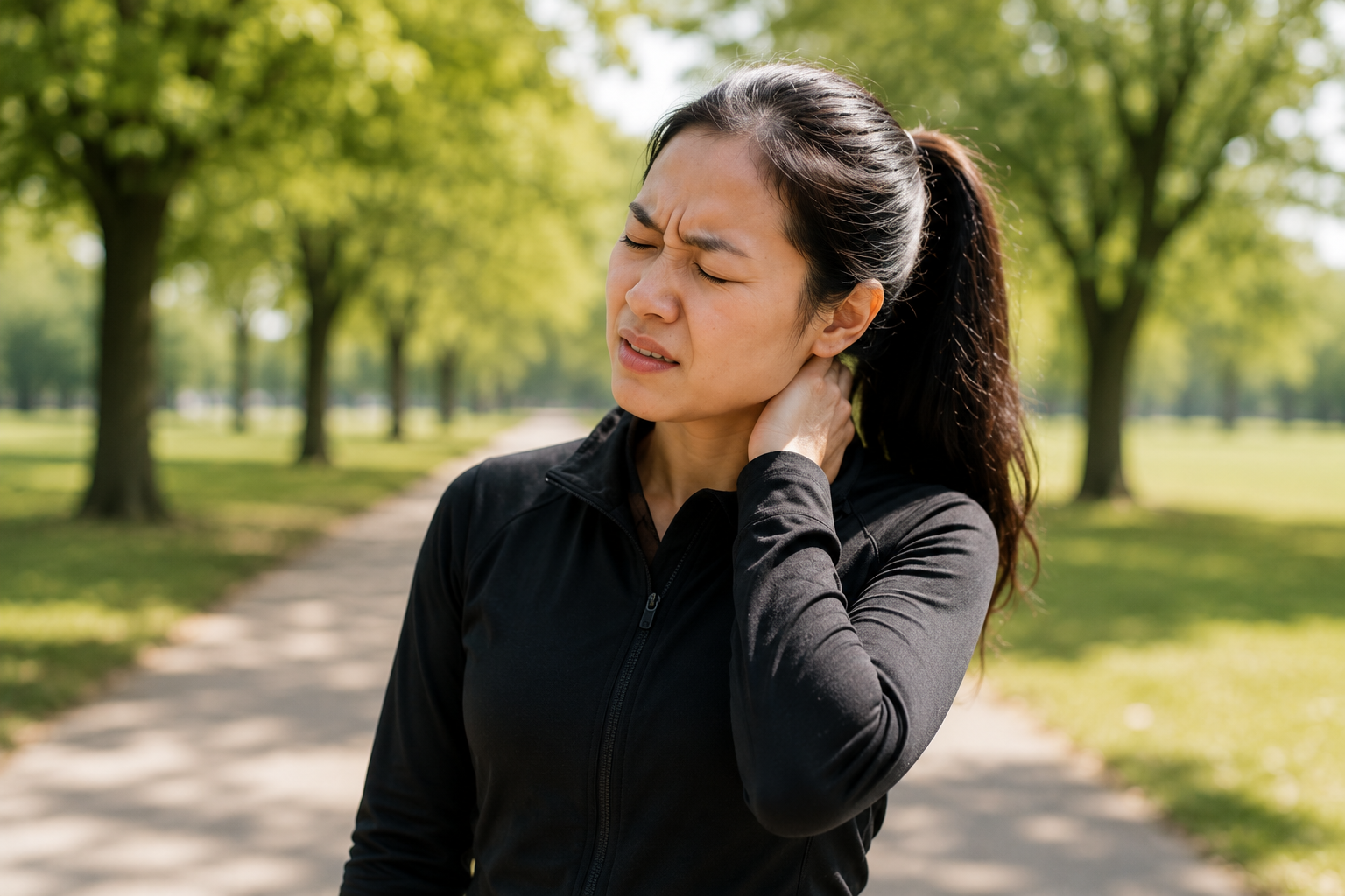 Woman in black jacket rubbing her neck on a sunlit park path