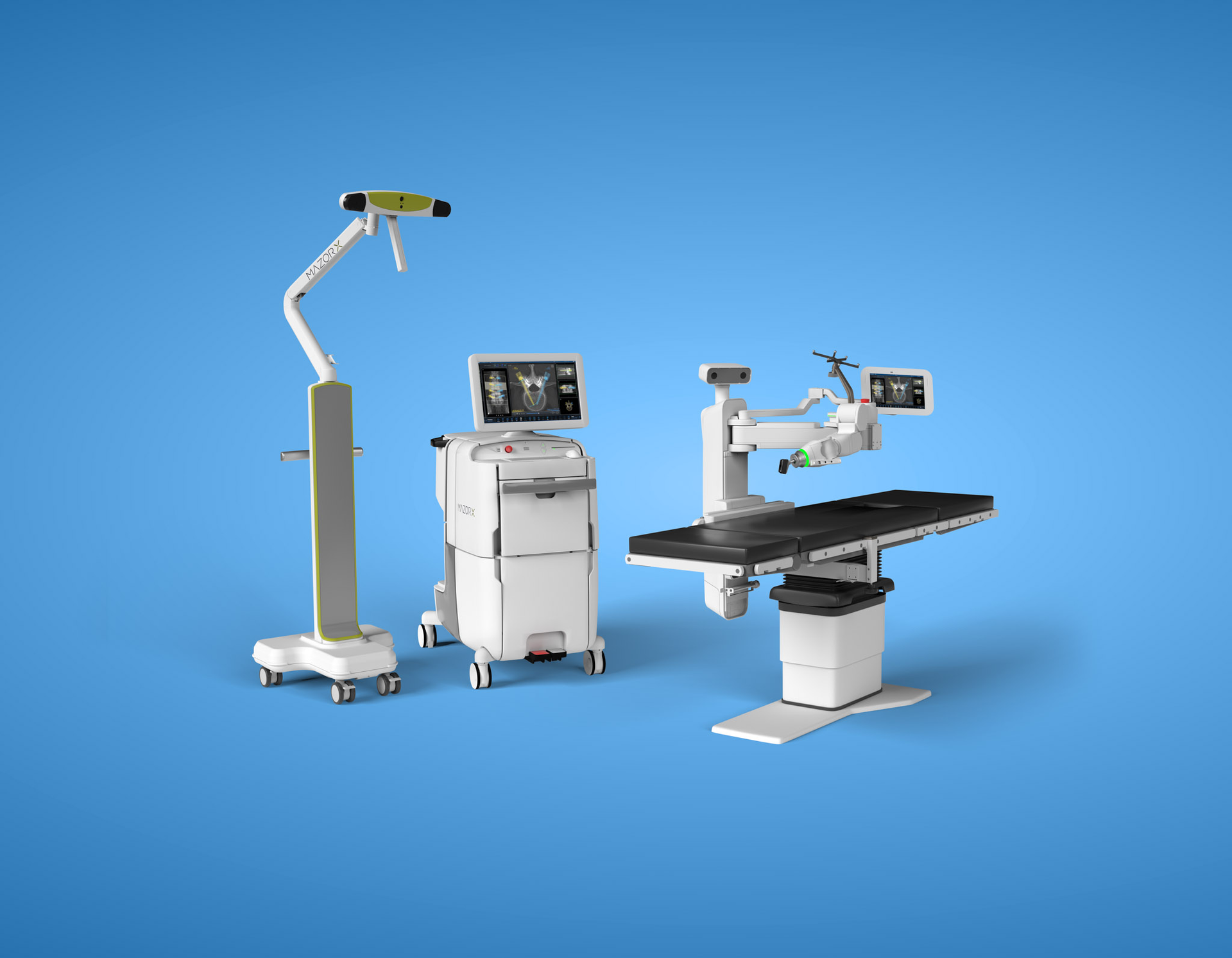 Medical imaging equipment on a blue background, including a surgical table, monitors, and mobile stands