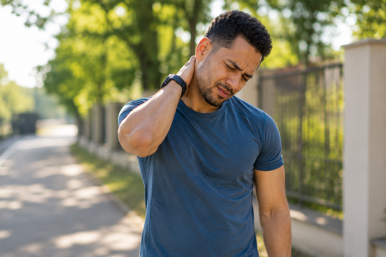 Man in a blue shirt holding his neck while walking along a sunlit sidewalk
