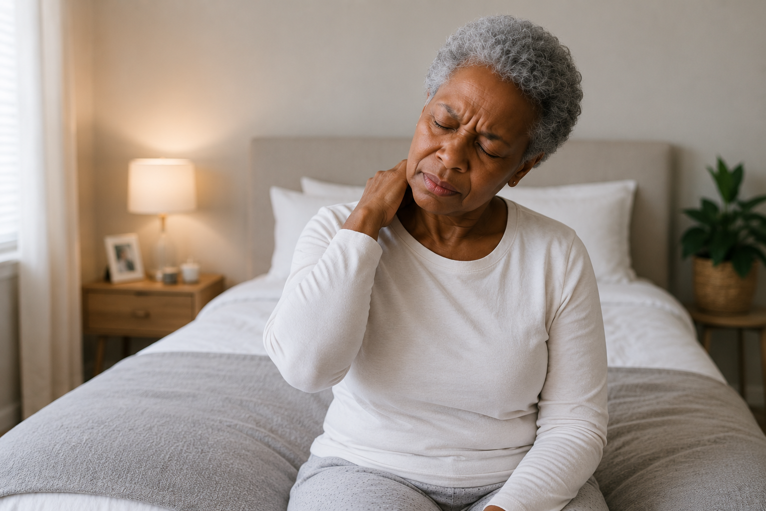 Person sitting on a bed, holding their neck in a bedroom, appearing to feel pain