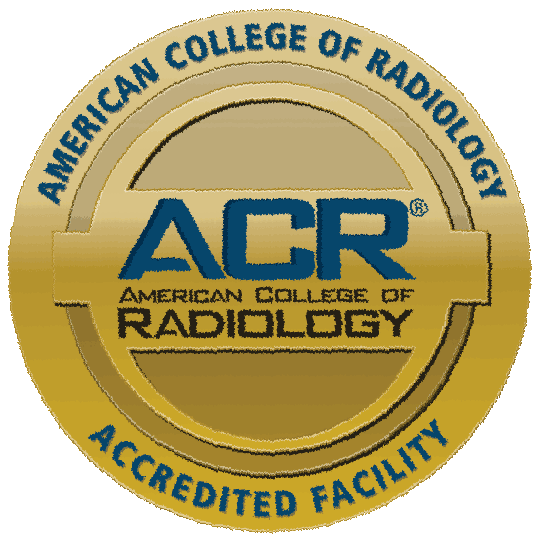 Gold and blue American College of Radiology accreditation seal, text 