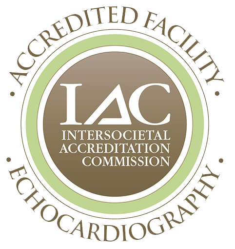 IAC Echocardiography Accredited Facility seal. A brown and green circular logo with text and initials “IAC.”