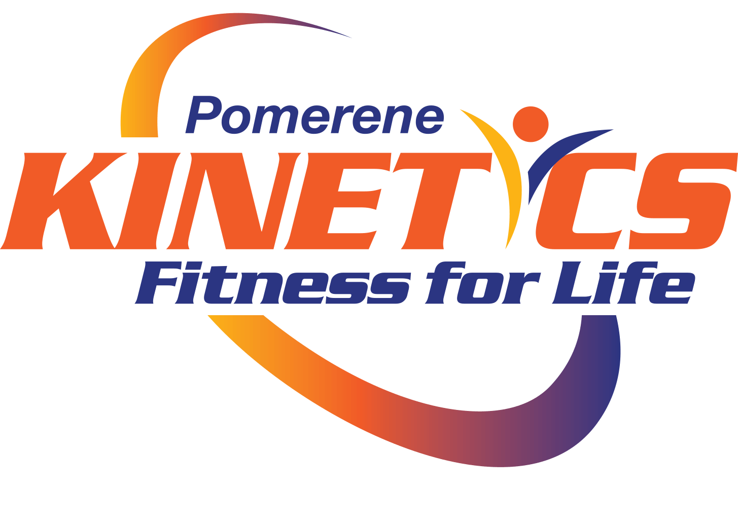 Pomerene KINETICS C5 fitness logo featuring a stylized figure inside an orange and purple arc; text says 