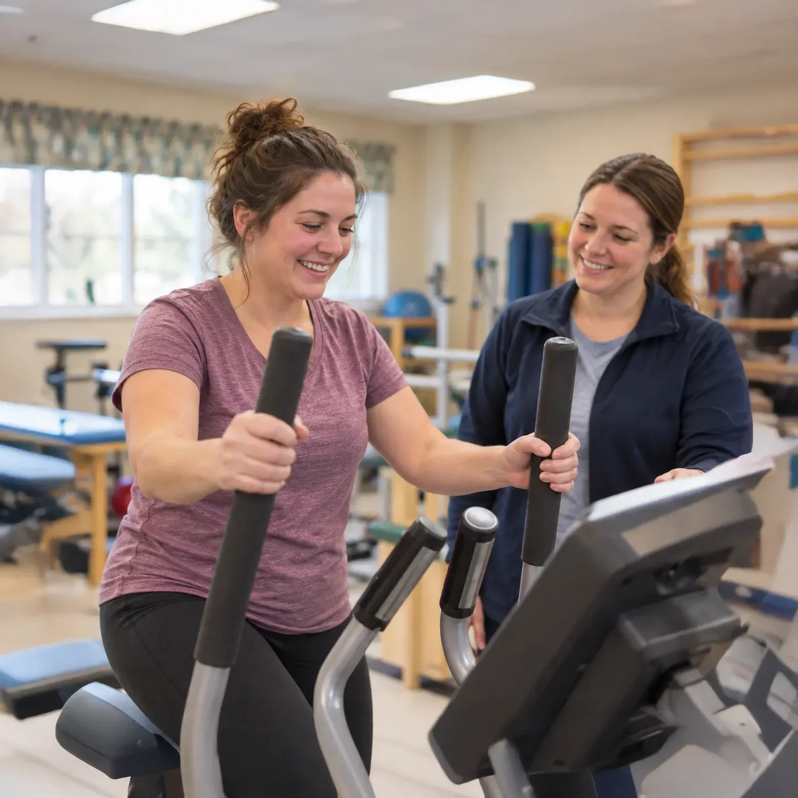 Two women in a light-filled room; one on an elliptical machine, and one assisting. They are smiling.