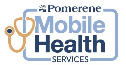 Logo for Pomerene Mobile Health Services, featuring a light blue rounded rectangle with the words
