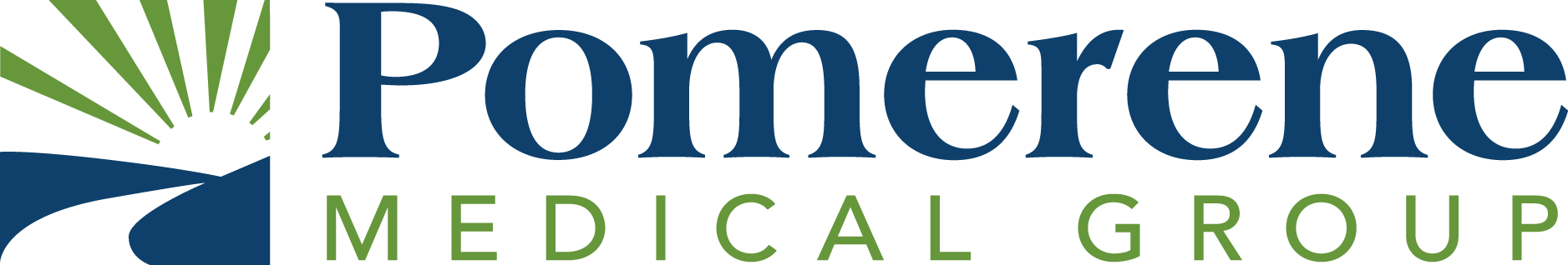 Logo for Pomerene Medical Group: Blue text on a light green background with a stylized sun and river graphic.