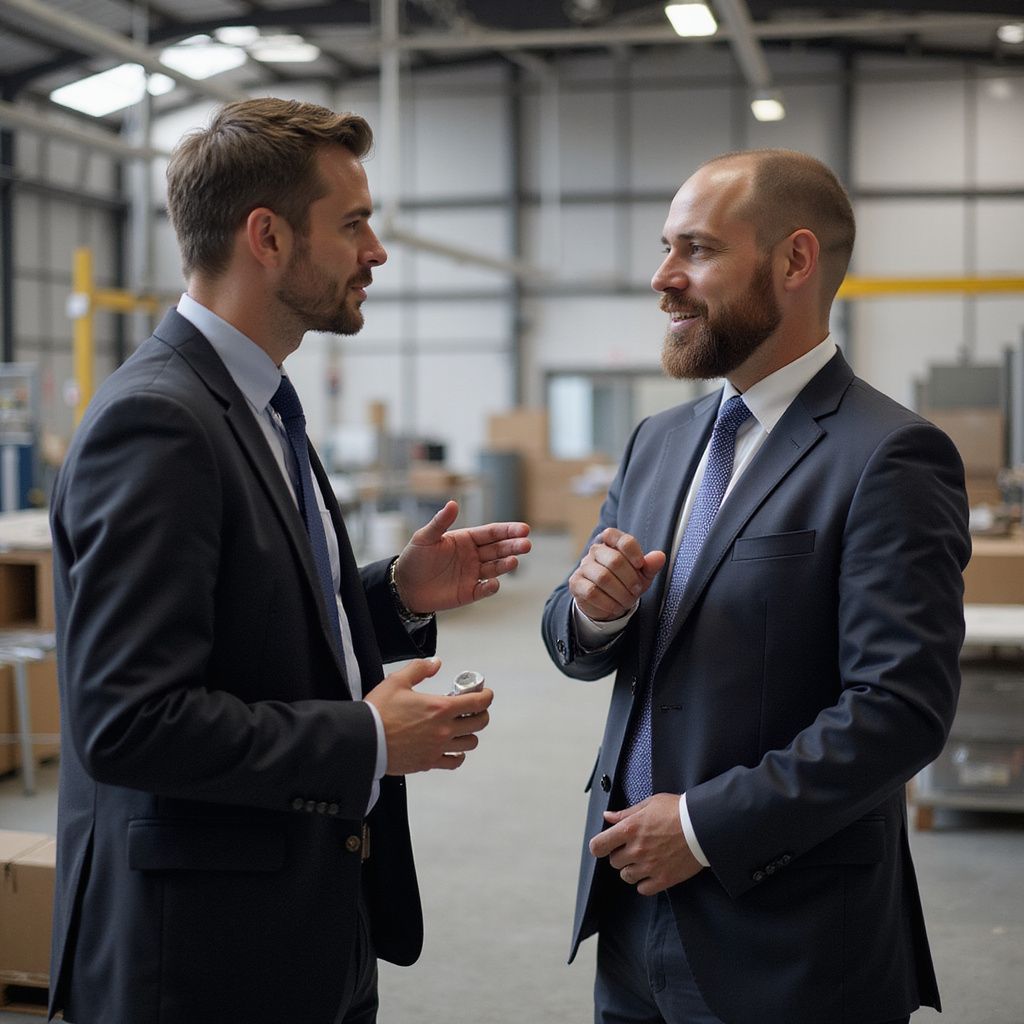 Two men in suits talking in a warehouse, one holding a coffee cup, both smiling.