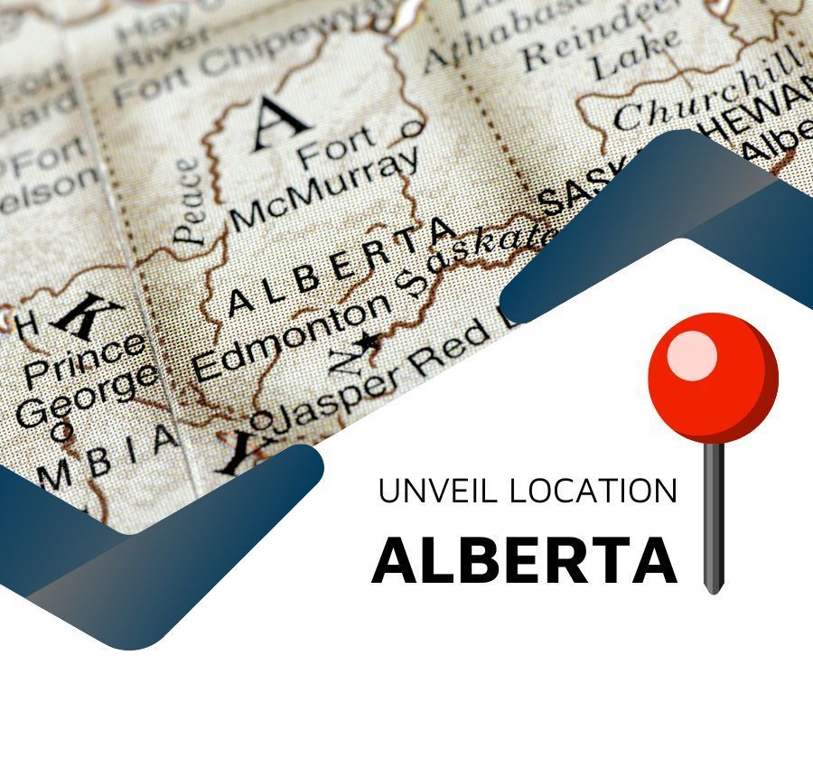 Map of Alberta with a red location pin and the text “Unveil Location Alberta”