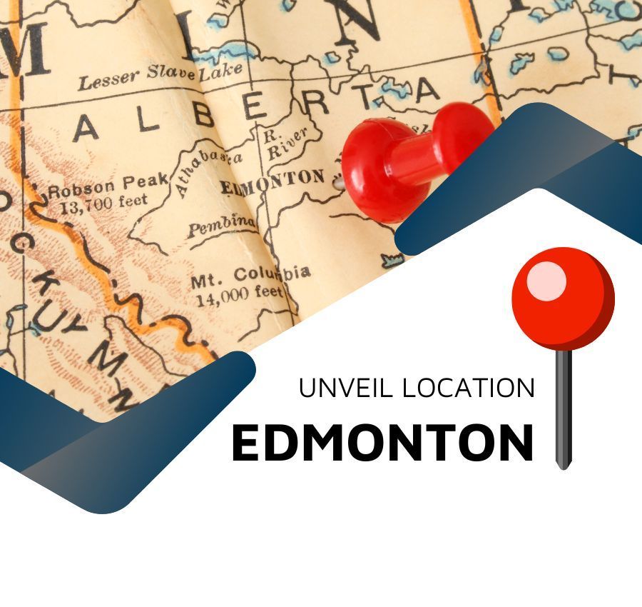 Map graphic with red location pin and bold text: