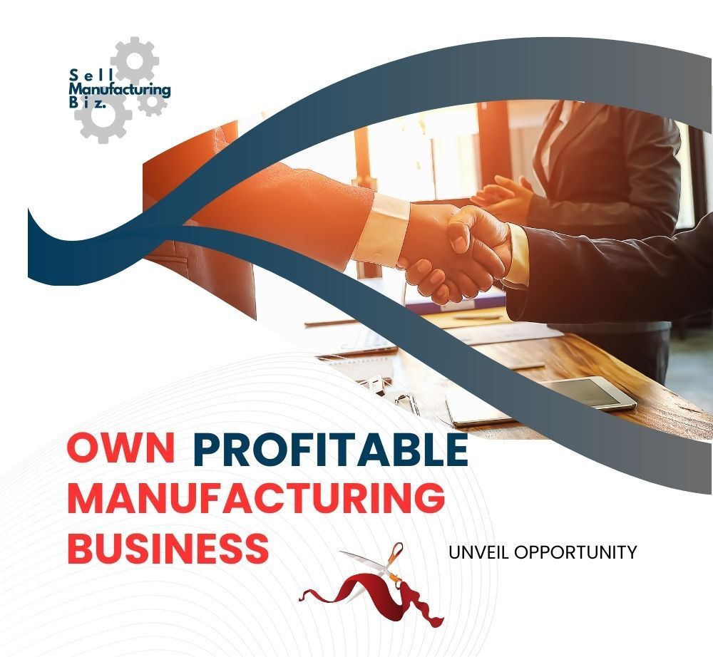 Handshake over blueprint with text “Own Profitable Manufacturing Business” and “Unveil Opportunity”